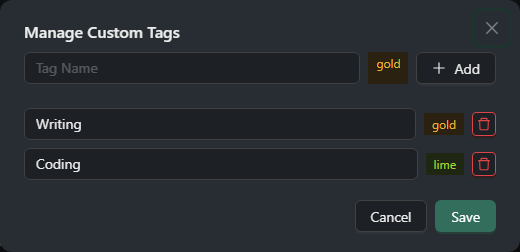 Tag-Verwaltungs-Popup